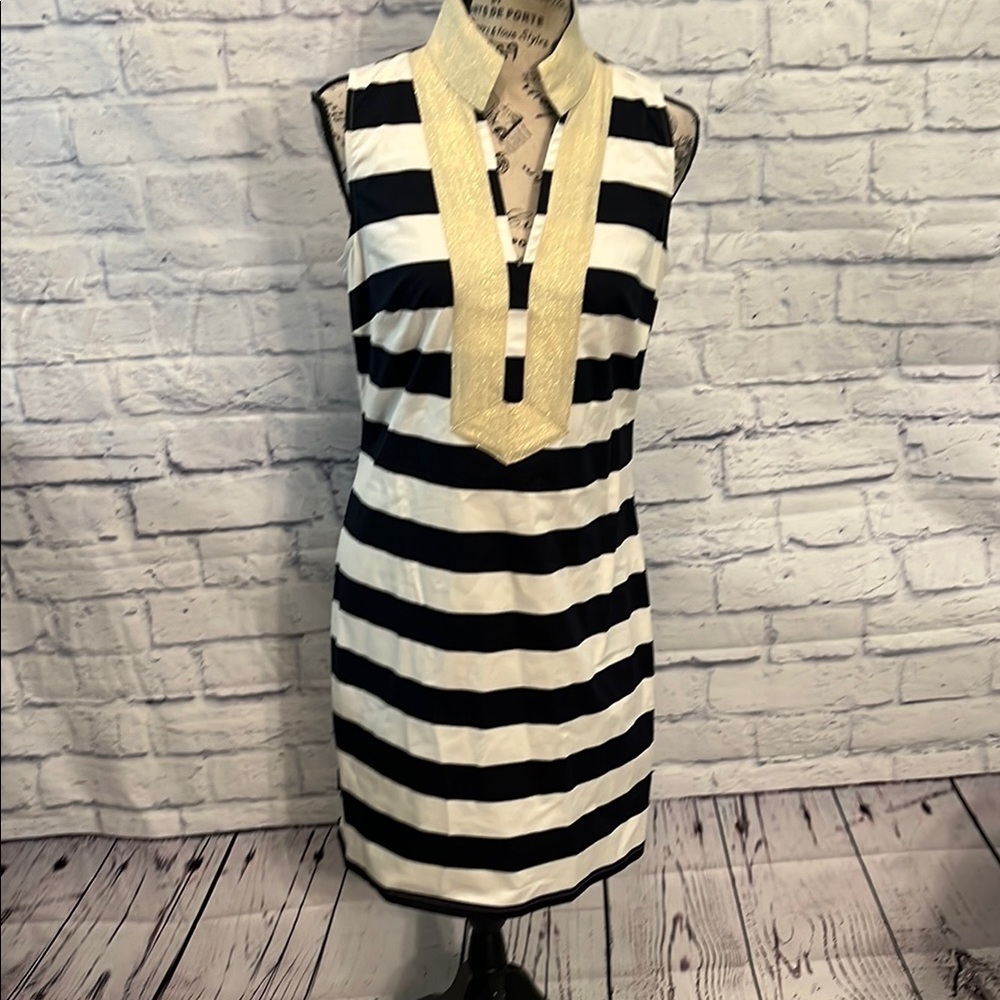 Sail to Sable Black & White Striped Sleeveless Mini Dress with Gold Trim